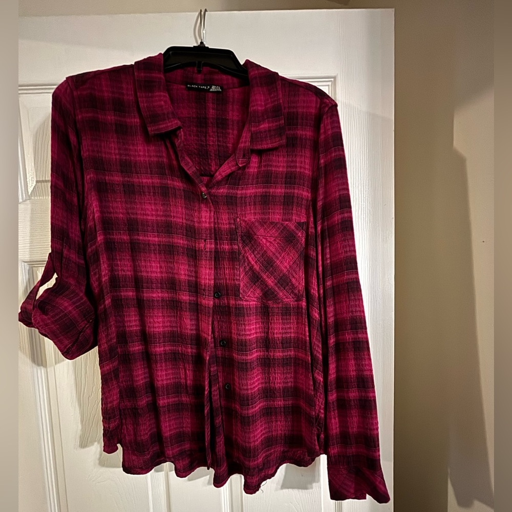 Relaxed Button-Down Plaid Shirt in Berry